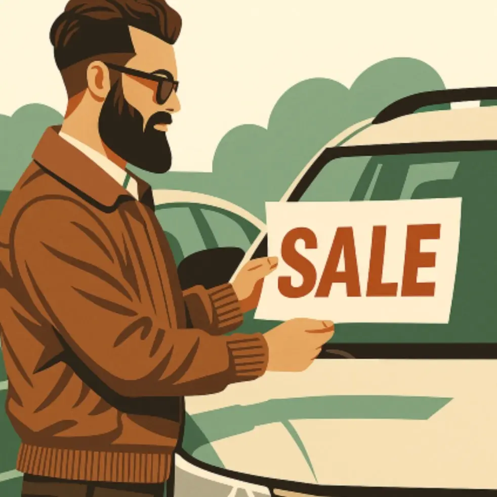 Man putting a for sale sign on his car and a house with a for rent sign out front illustration