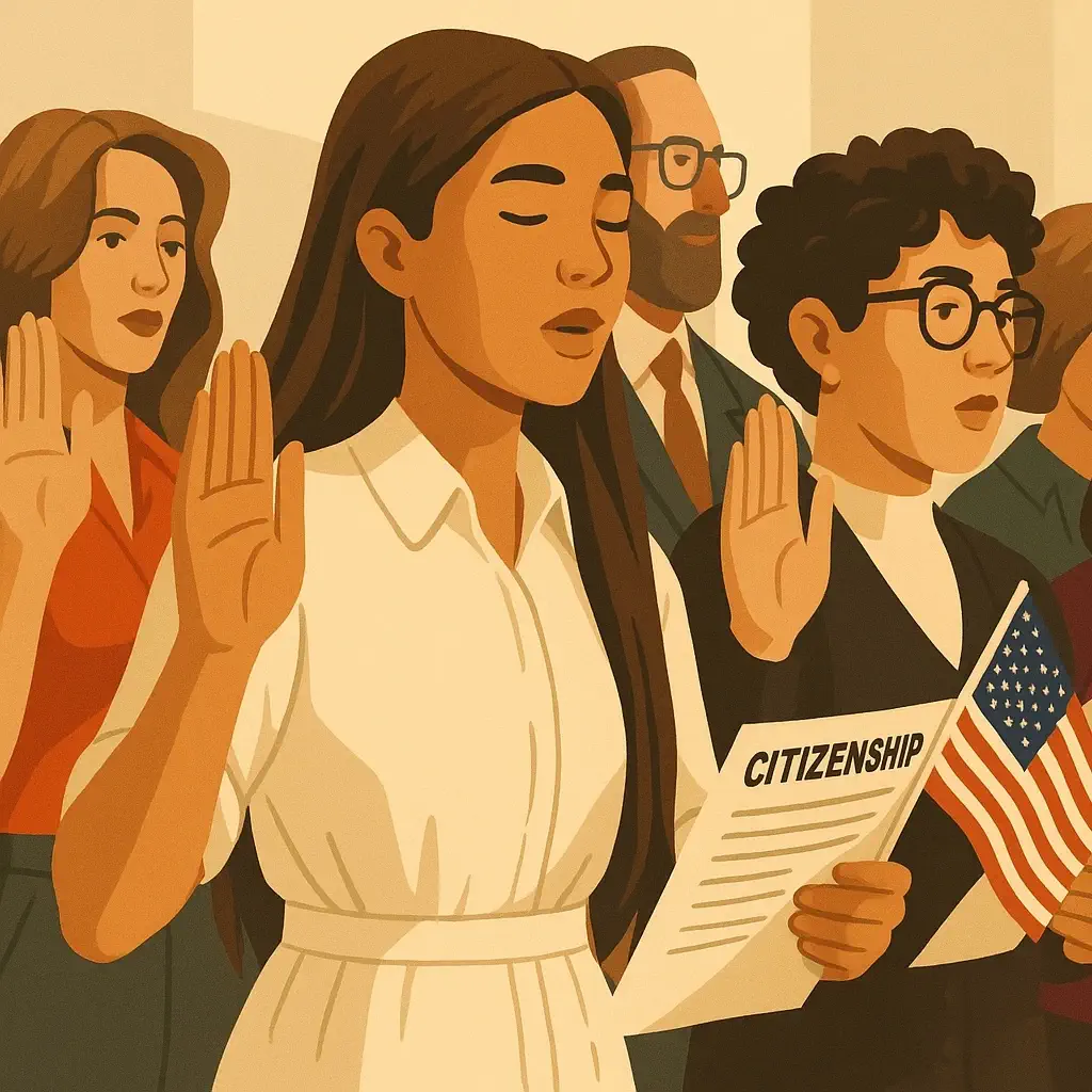 People taking a pledge for American citizenship illustration