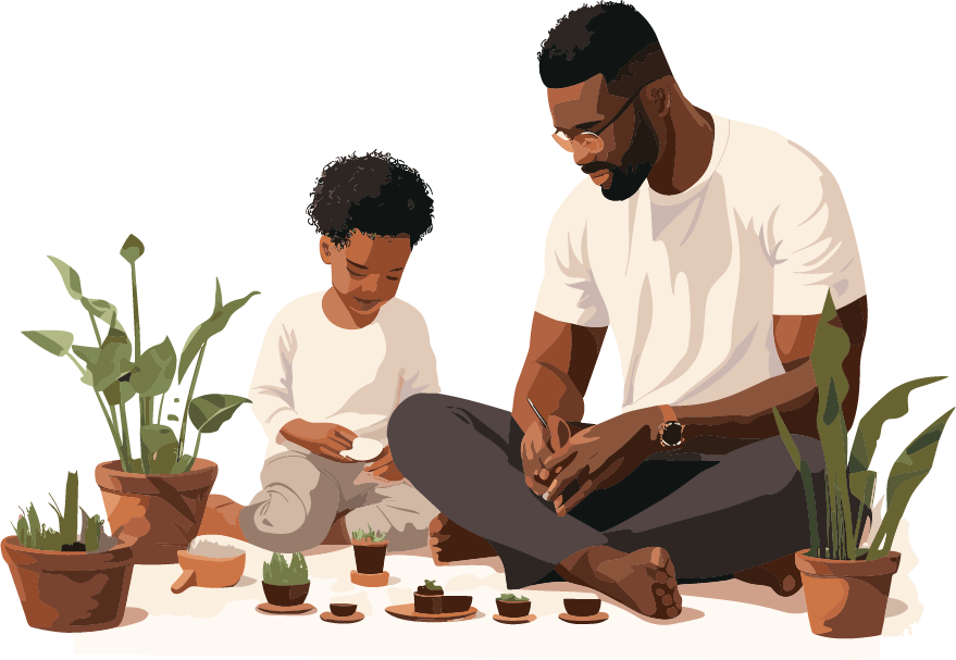 Father and son looking at small plants