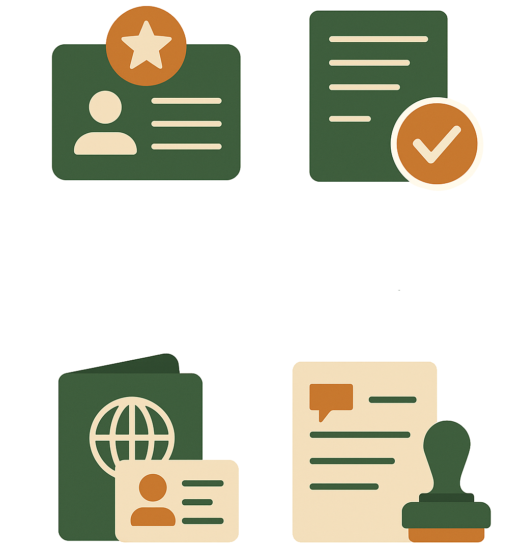 ID with a start, a form with a check mark, a passport with an ID in front of it, and a form with a notary stamp in front of it illustration