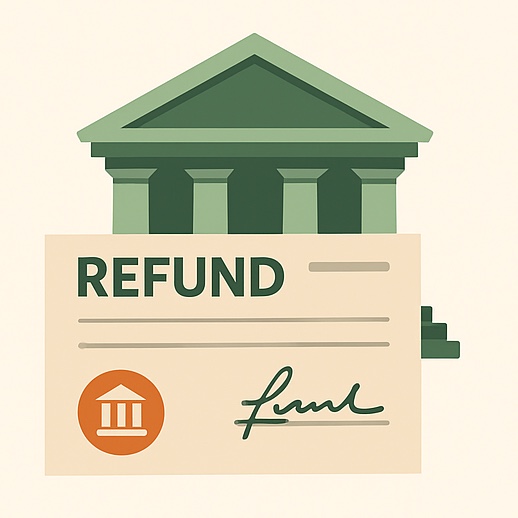 Refund check in front of bank illustration