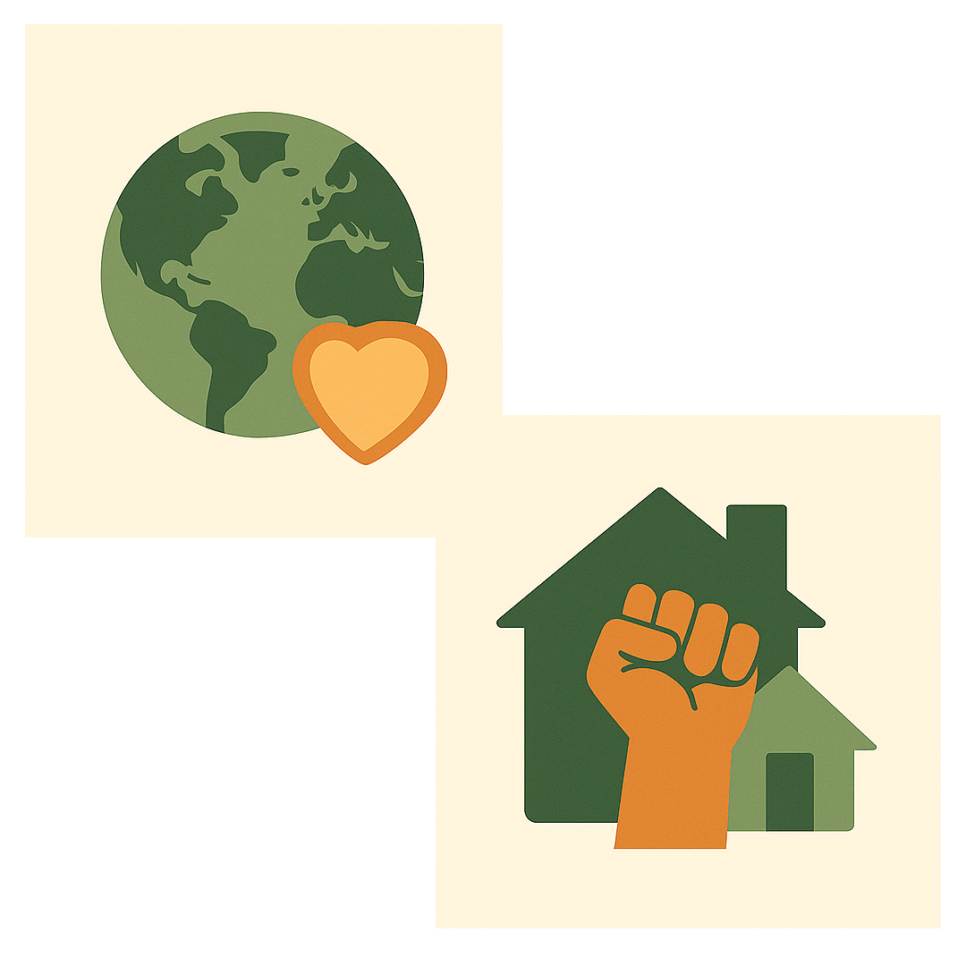 A globe with a heart and a raised fist in solidarity in front of a house illustration