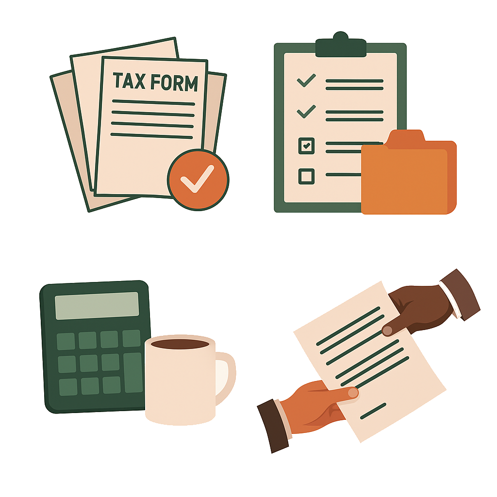 Four different types of illustrations representing tax services